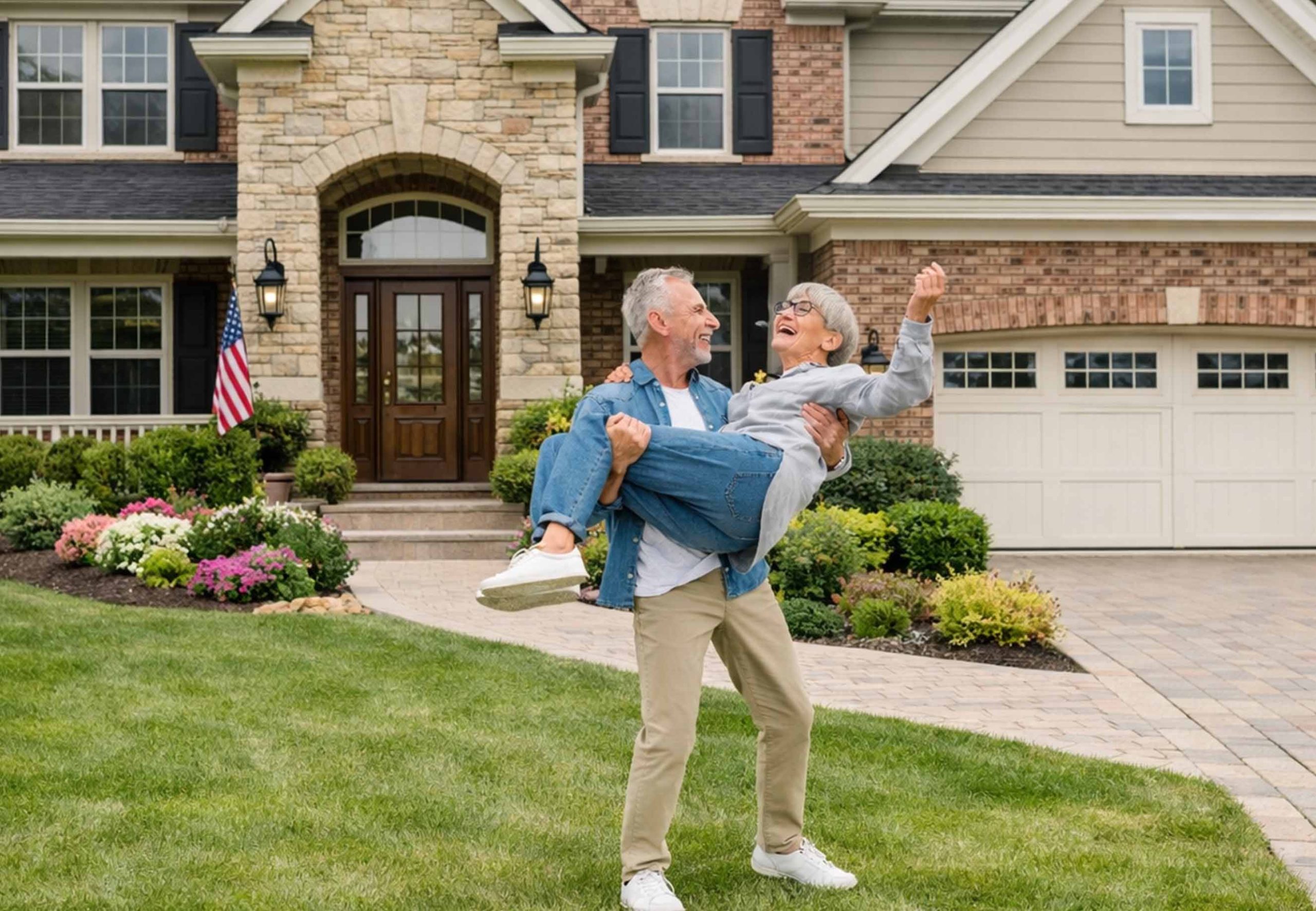 handsome mature man holding smiling woman near soldhouse